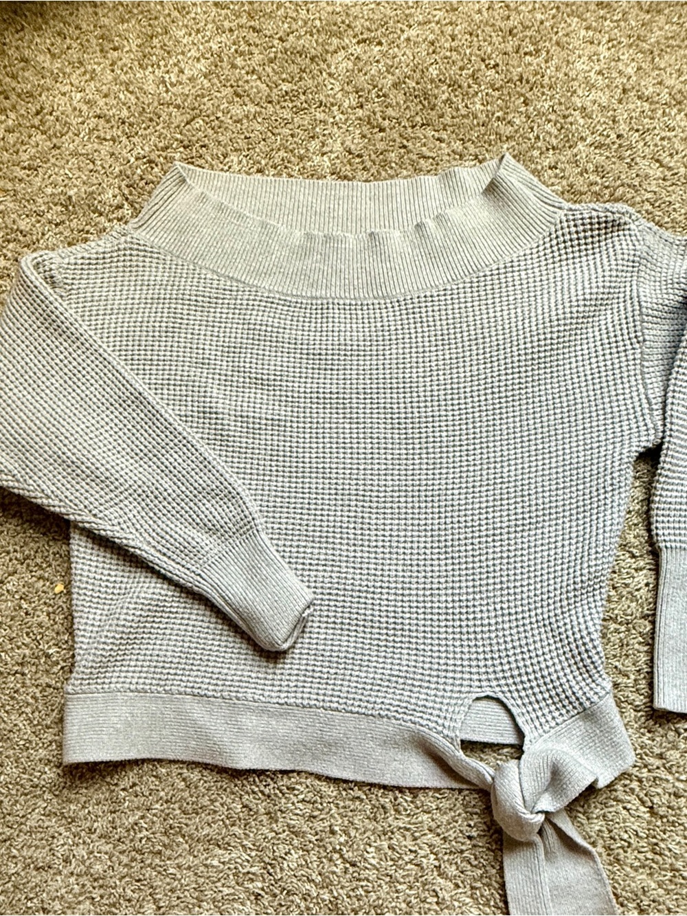 Express Off-the-Shoulder Light Gray Waffle Knit Sweater with Side Tie